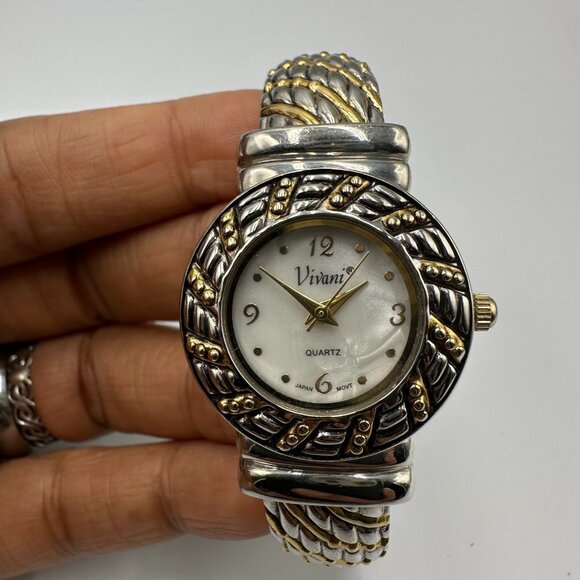 3/$30 Vivani Watch Women Two Tone Silver Gold Ribbed Cuff Bracelet 6.5"Viv - Picture 1 of 13